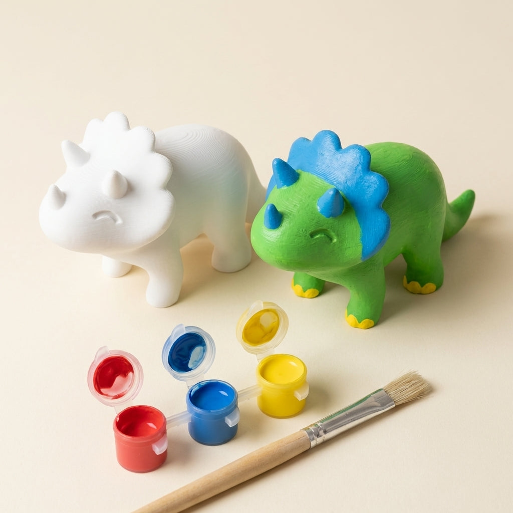 Paint-your-own 3D printed triceratops: blank + painted with paint pots