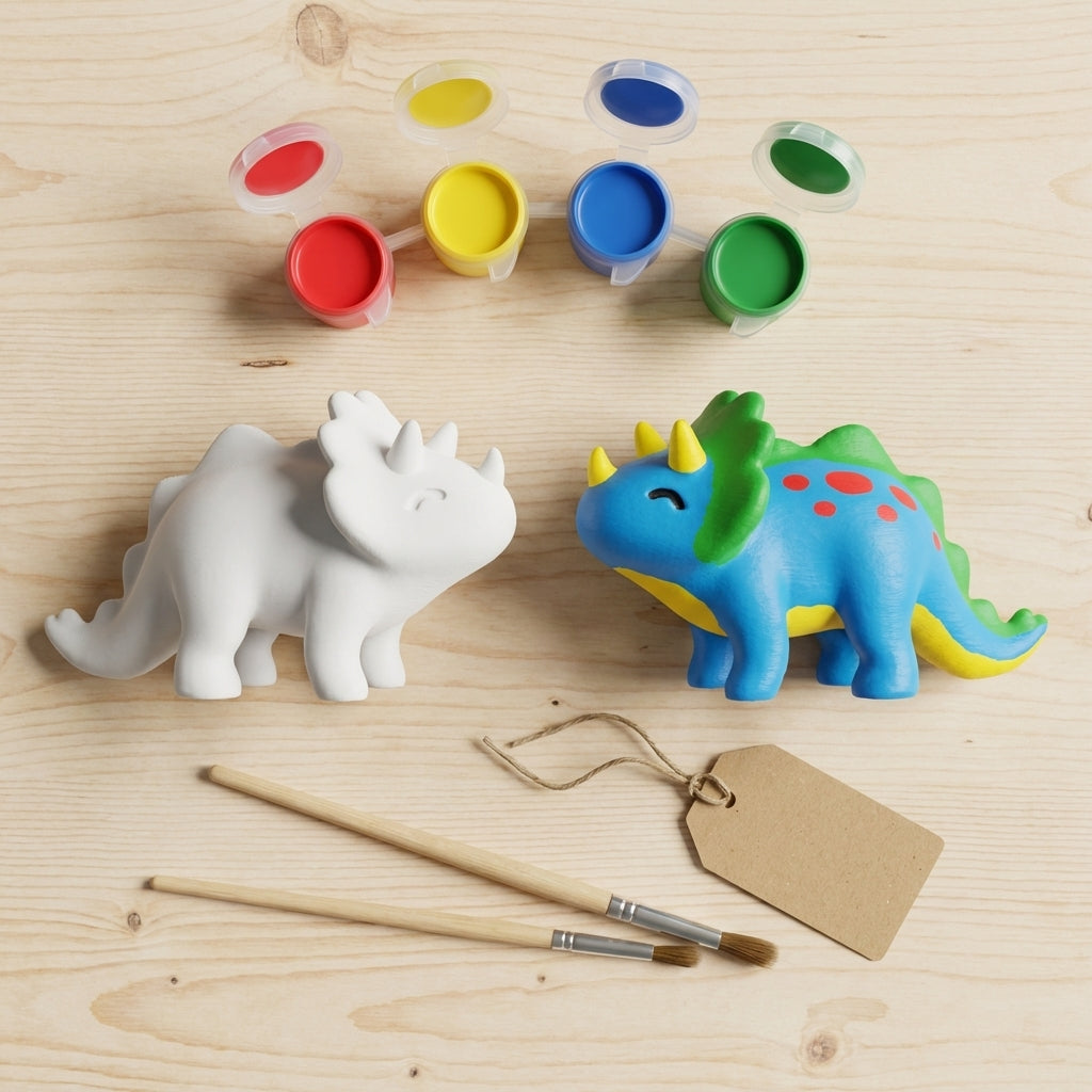 Flat-lay triceratops paint kit with figurines, paint pots and brushes