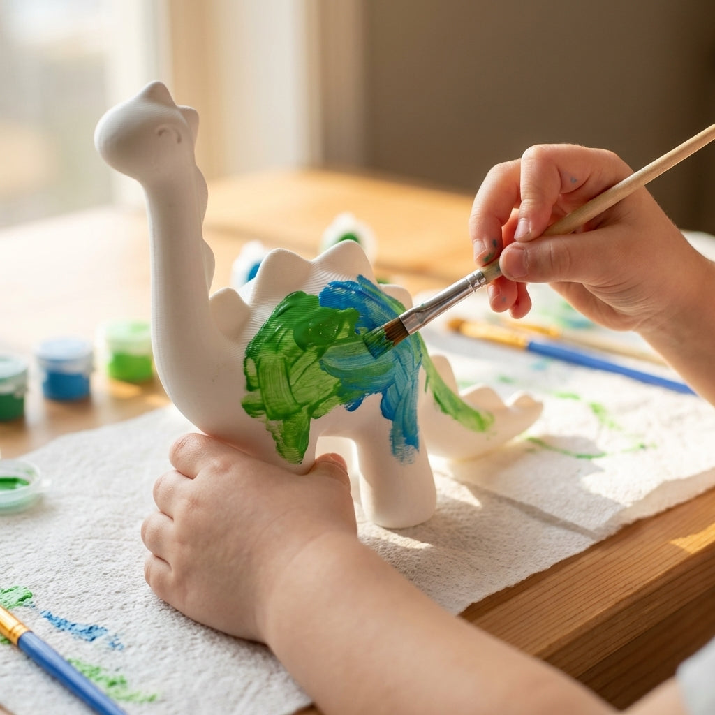 Child painting the 3D printed dinosaur with bright acrylic craft paints