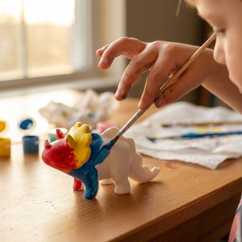 Child painting the 3D printed triceratops with bright acrylic craft paints