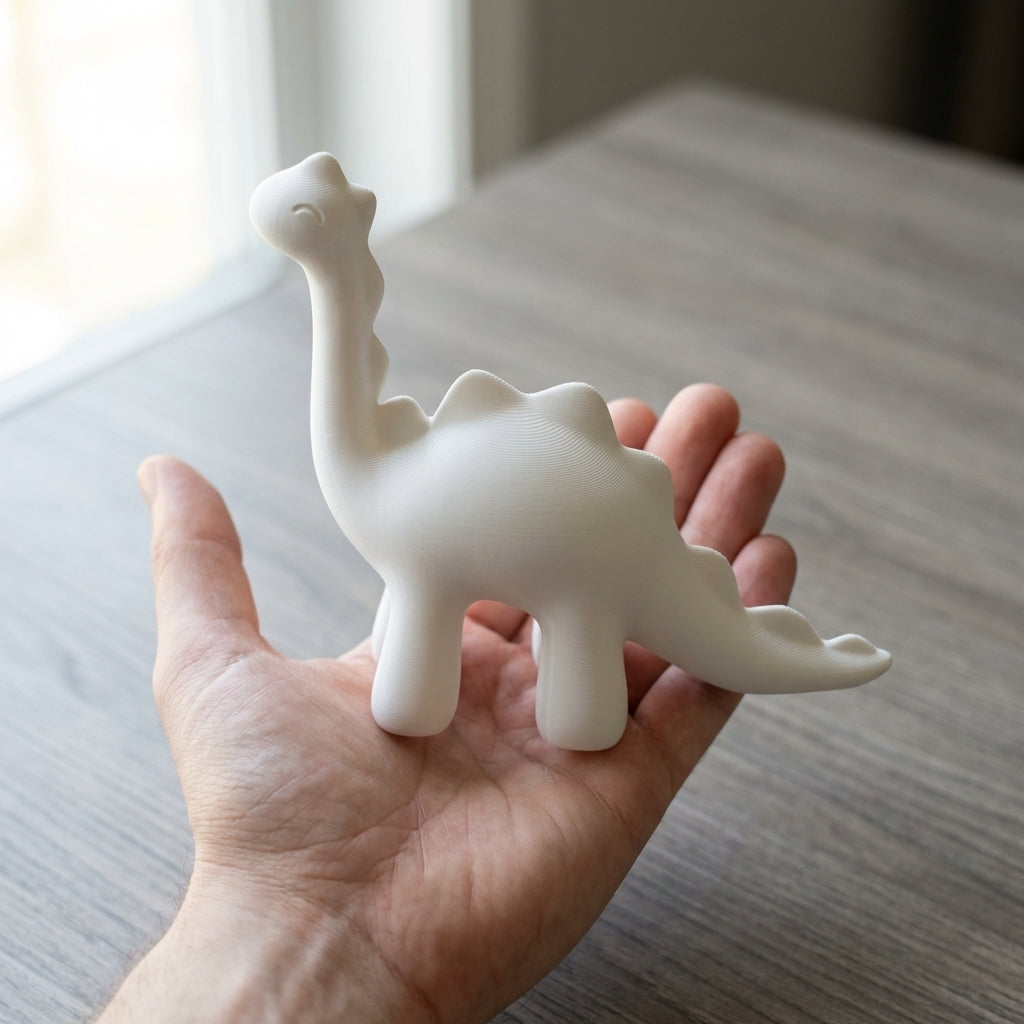 Dinosaur held in adult hand showing real-world size (~15cm)