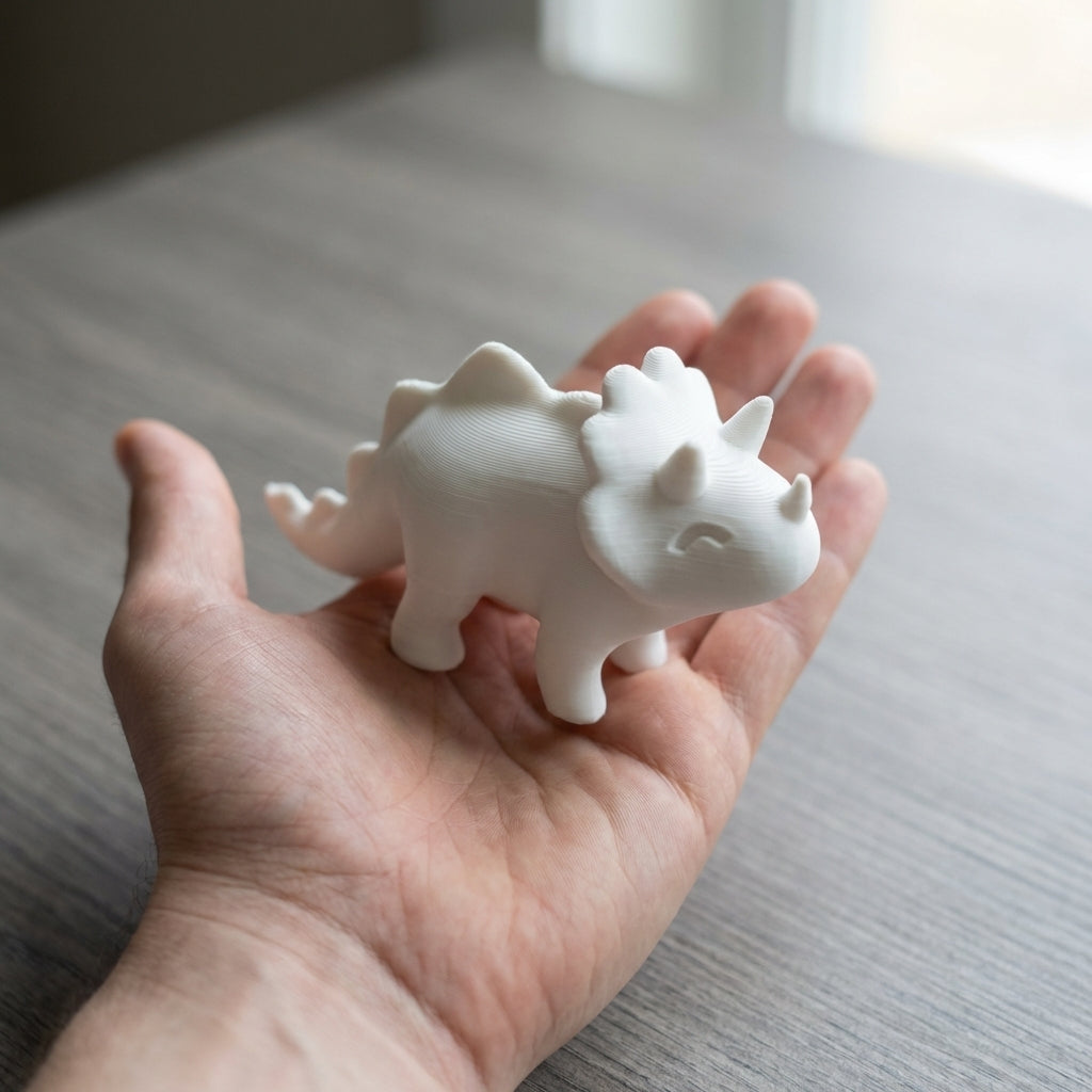 Triceratops held in hand showing real-world size (~12cm long)