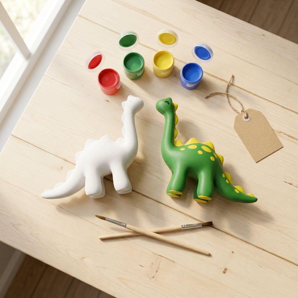 Top-down flat-lay of paint-your-own dinosaur kit on birch wood with paint pots, brushes and gift tag
