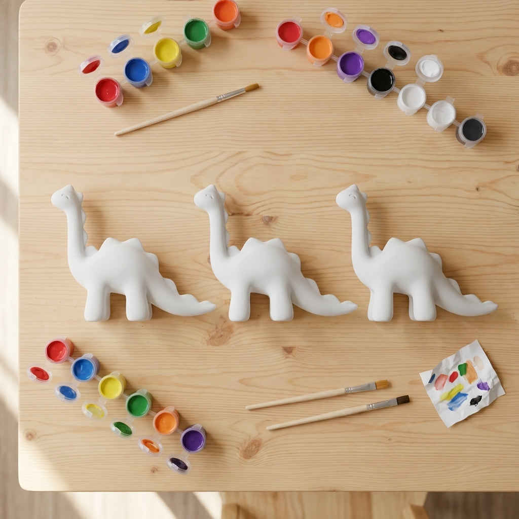 Three dinosaurs with assorted paint pots on light wood table - flat-lay kit shot