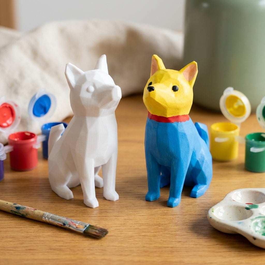 Paint-your-own 3D printed sitting dog: blank + painted with paint pots