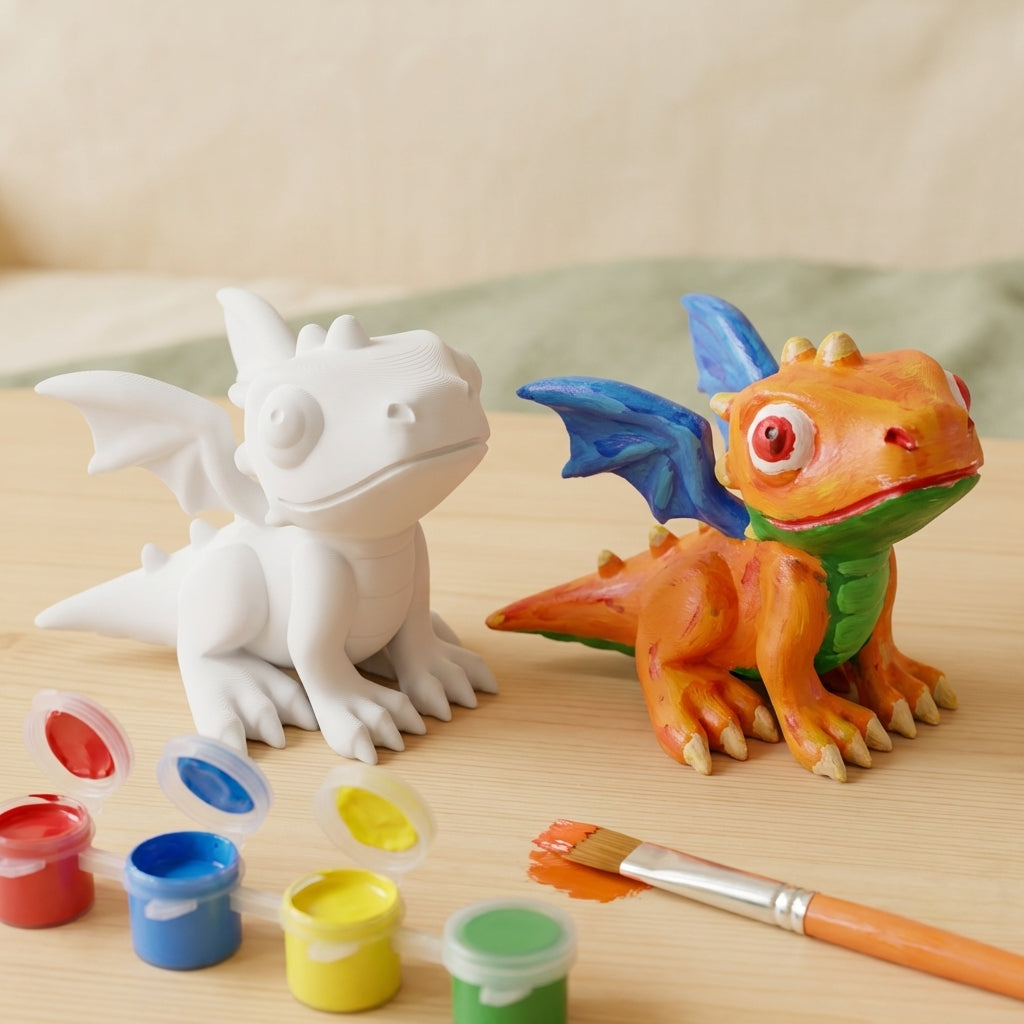 Paint-your-own chibi dragon: blank + painted