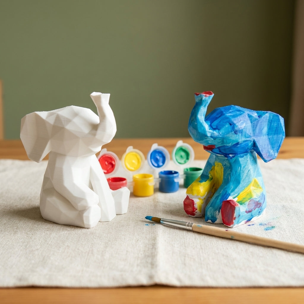 Paint-your-own 3D printed low-poly baby elephant: blank + painted with paint pots