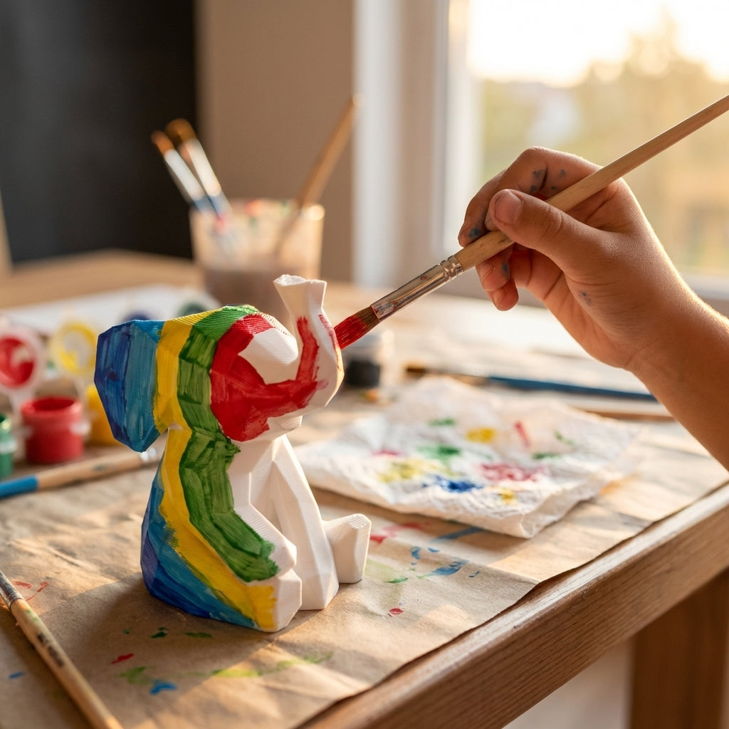 Child painting the 3D printed elephant with bright acrylic craft paints