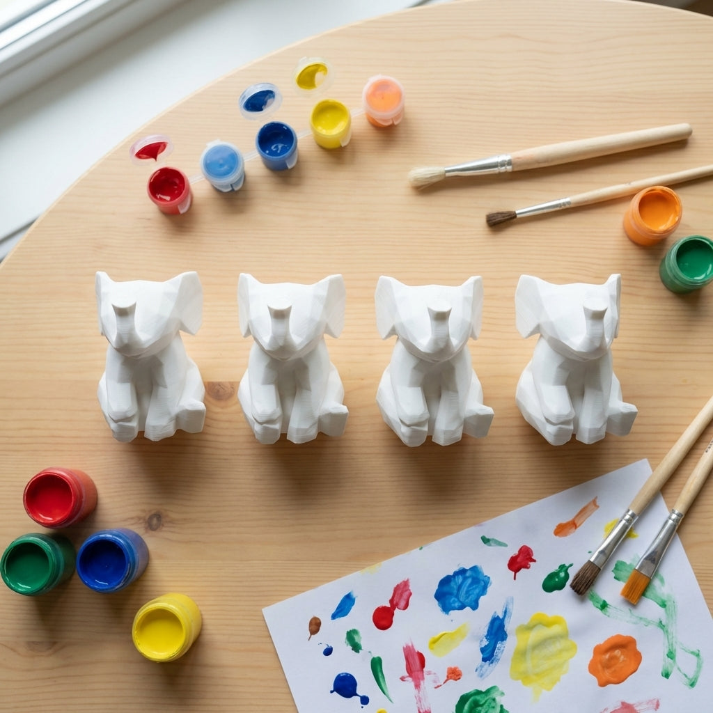 Multiple unpainted low-poly elephants with paint pots on wooden craft table