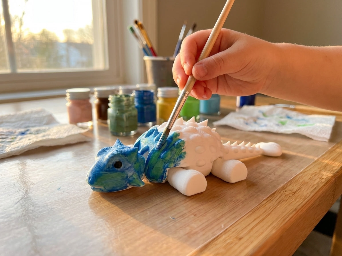 Child painting ankylosaurus