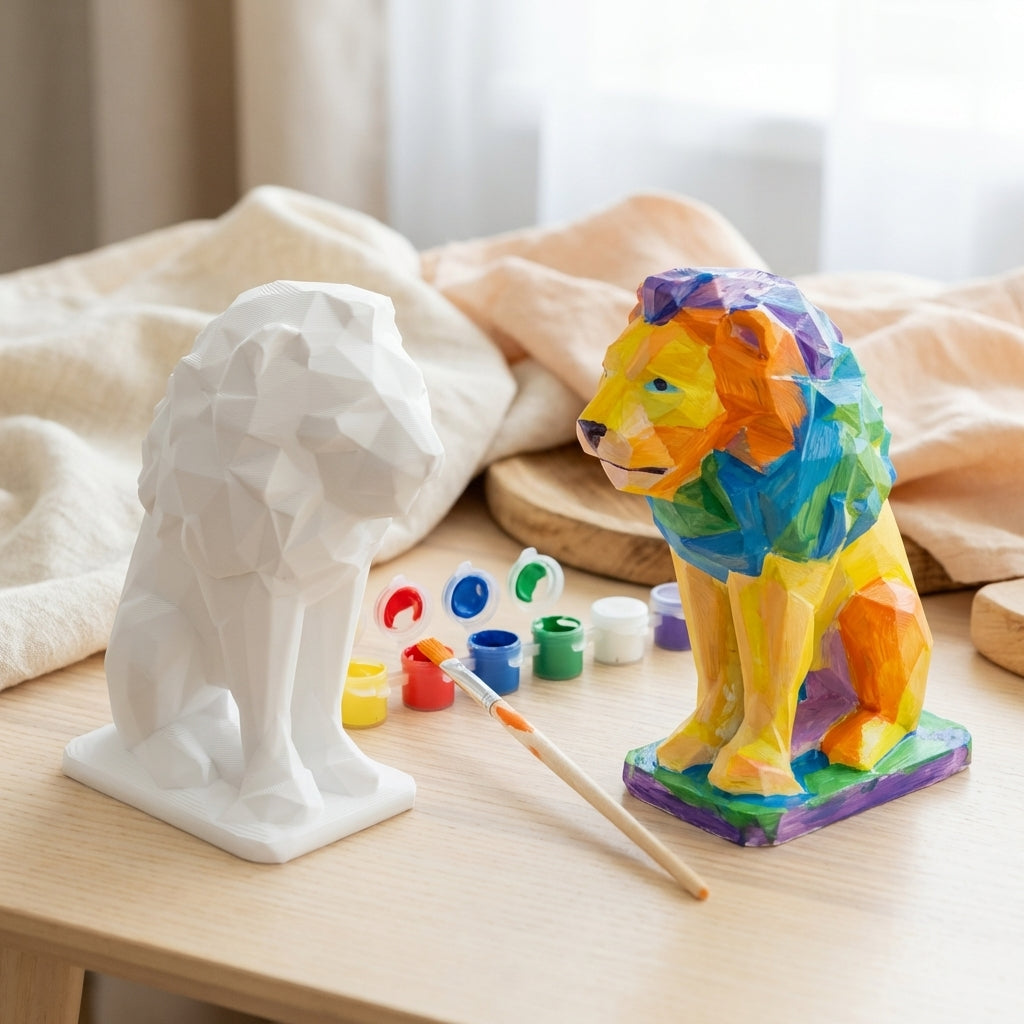Paint-your-own 3D printed low-poly lion: blank + painted with paint pots