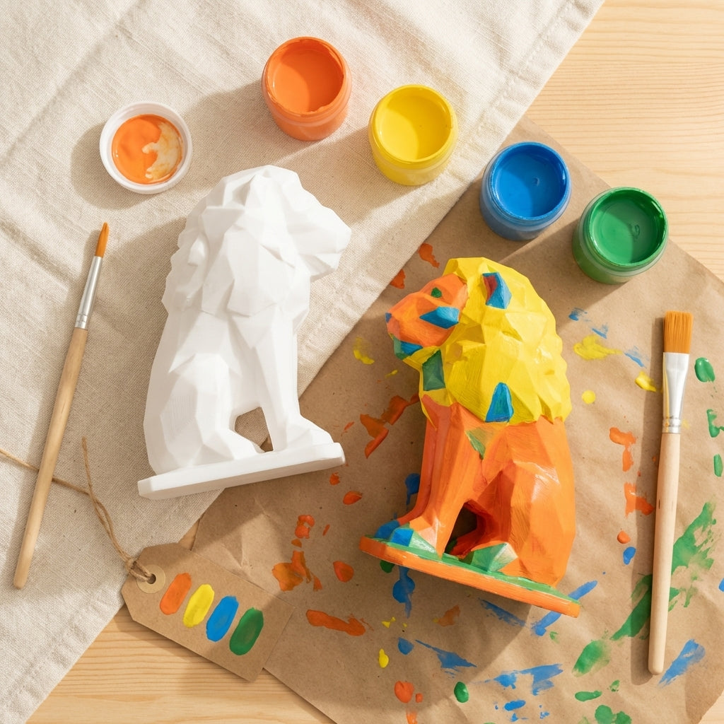 Flat-lay lion paint kit with figurines, paint pots and brushes