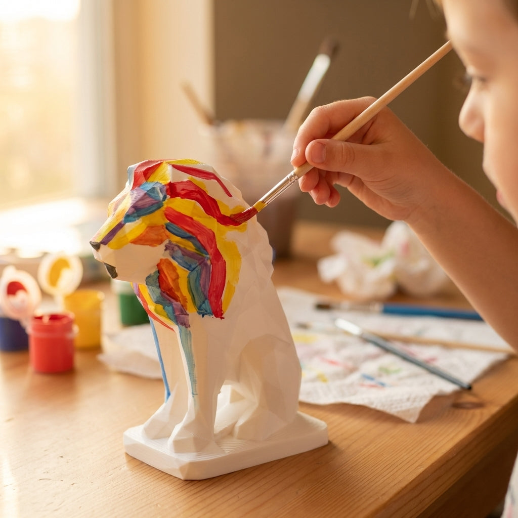 Child painting the 3D printed lion