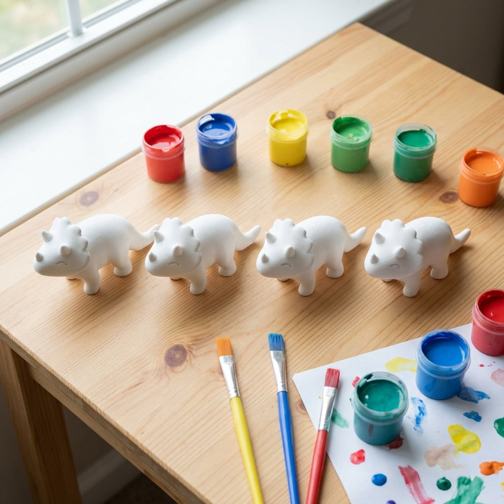 Three unpainted triceratops figurines with paint pots on wood