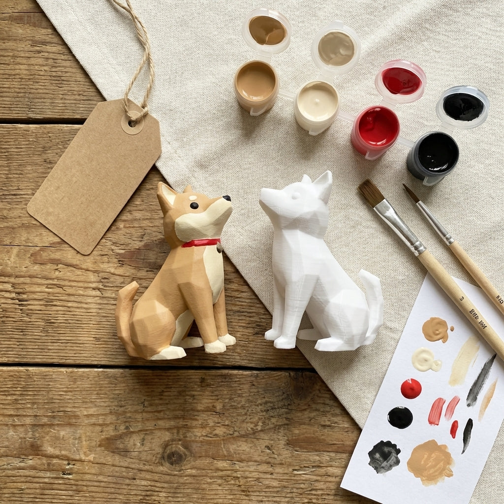 Flat-lay dog paint kit with figurines, paint pots and brushes