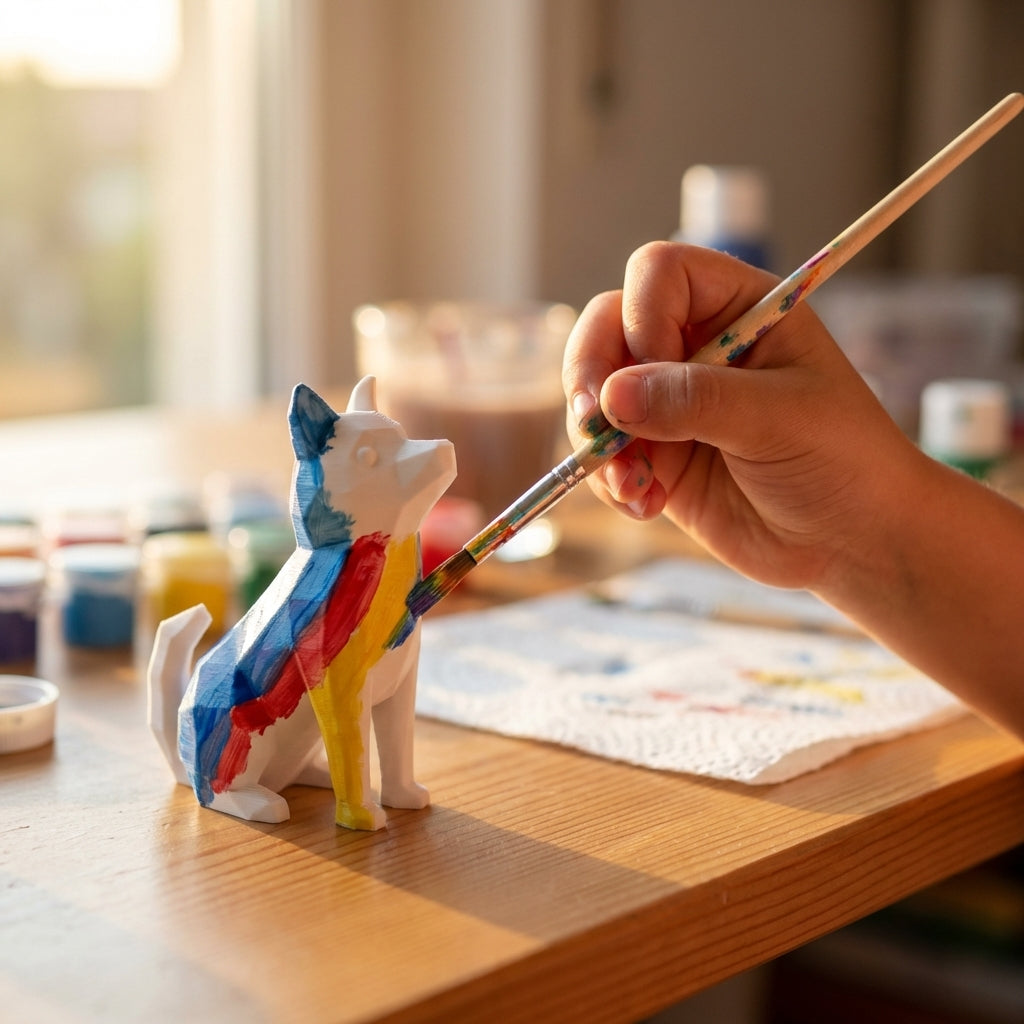 Child painting the 3D printed dog