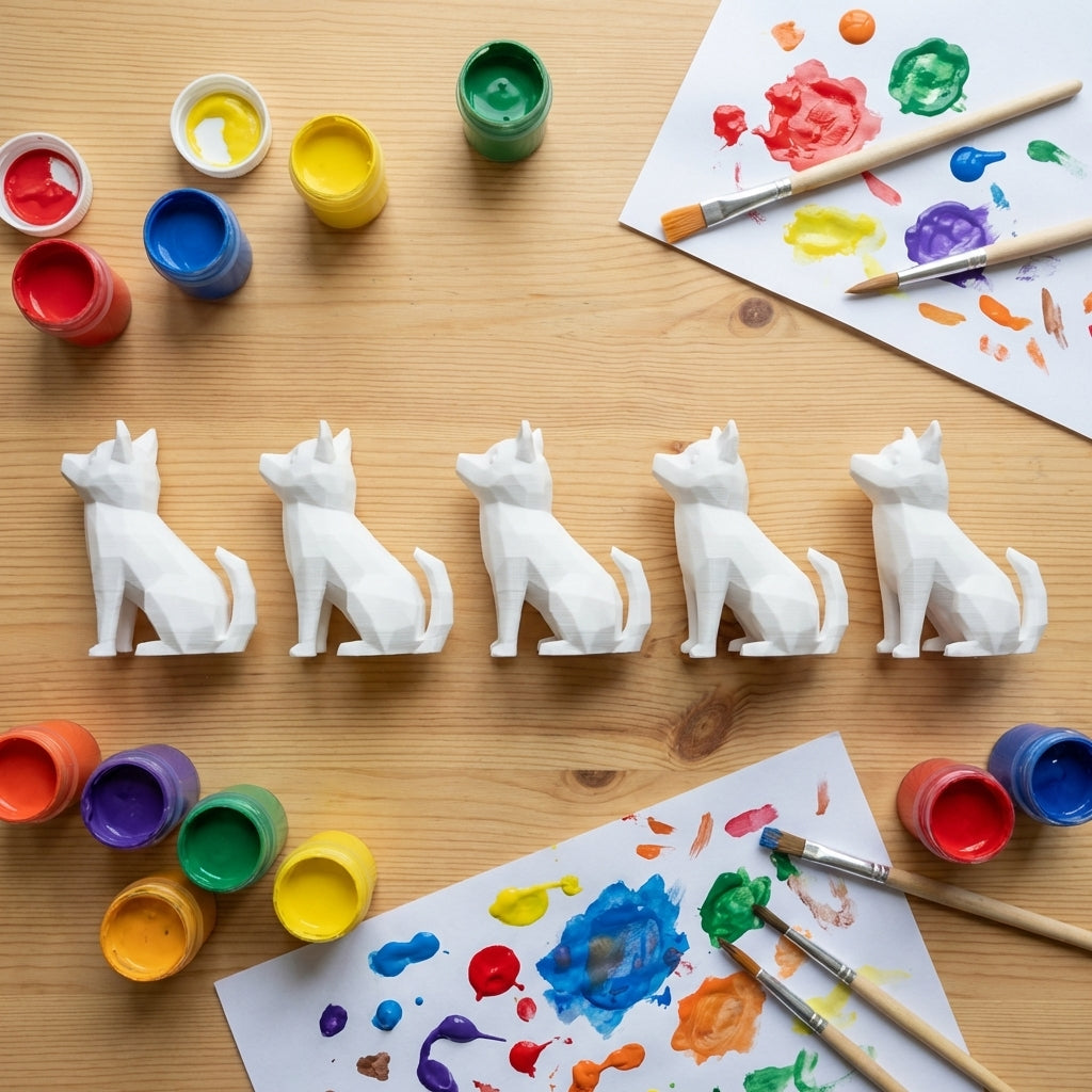 Multiple unpainted dogs with paint pots