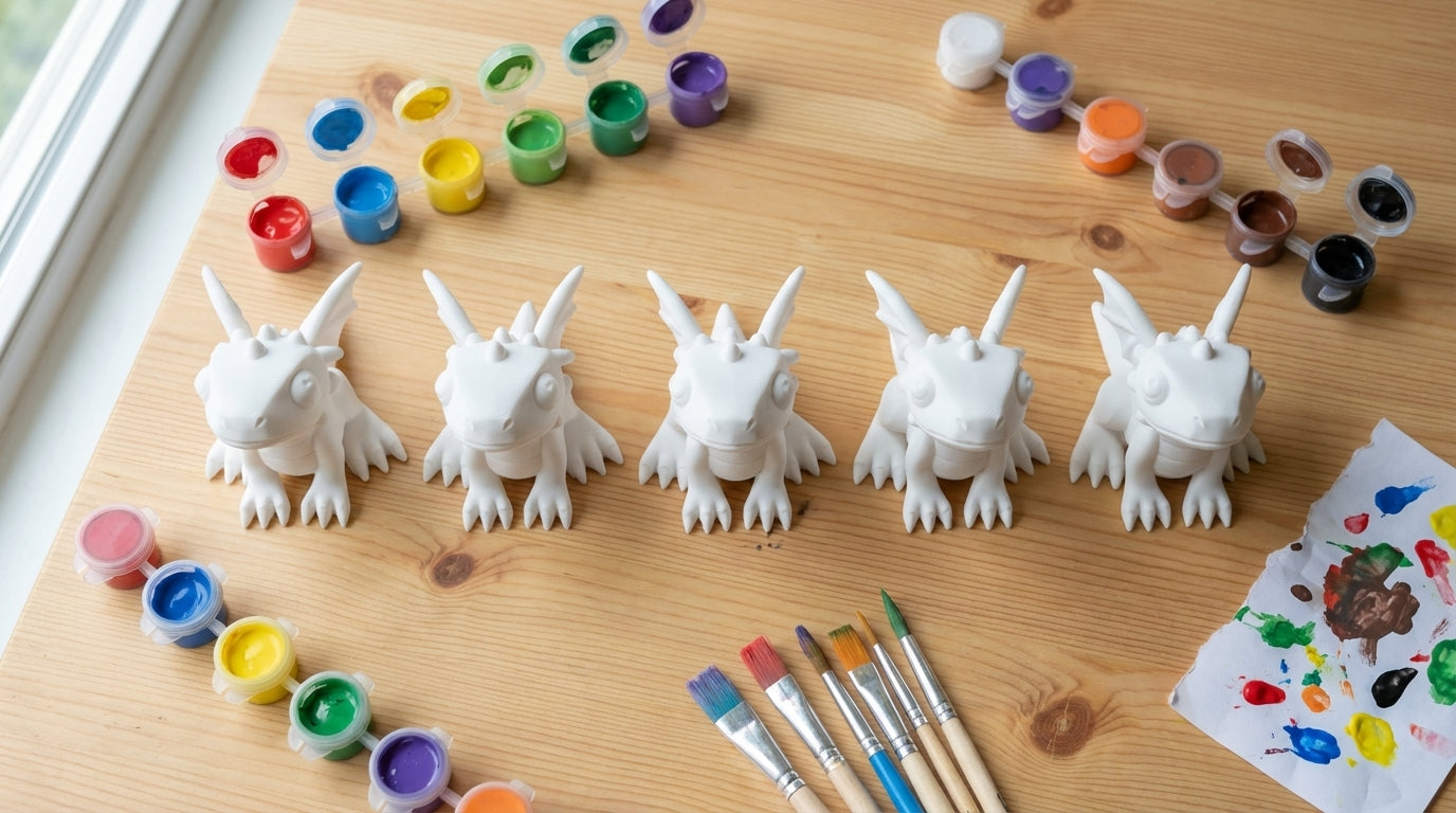 Multiple dragons with paint pots
