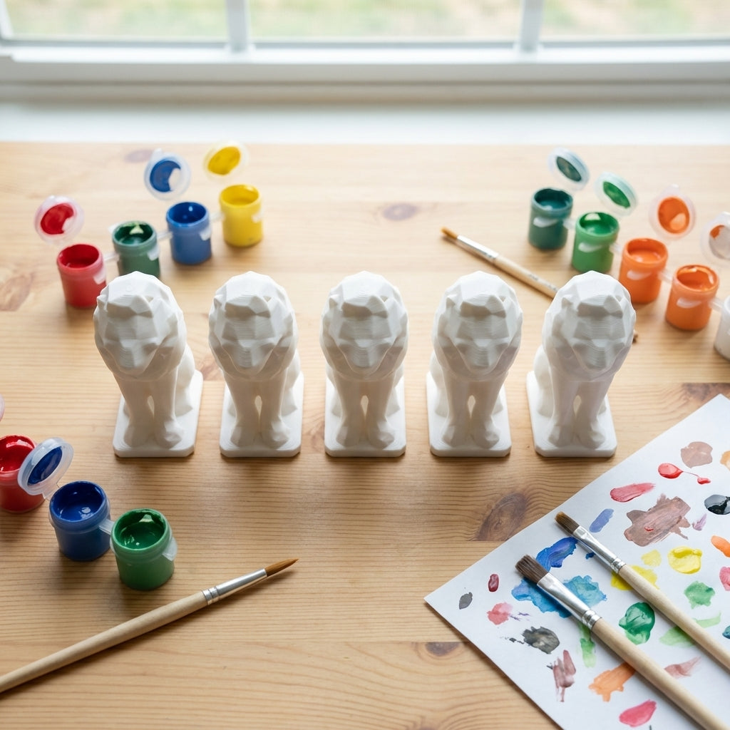 Multiple unpainted lions with paint pots