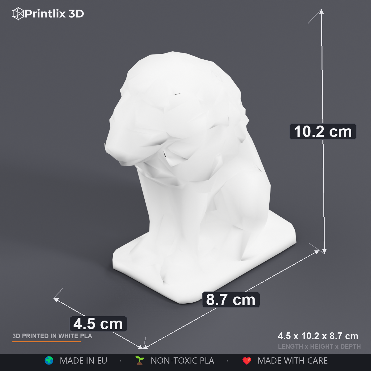 Low Poly Lion dimensions: 8.7 x 10.2 x 4.5 cm